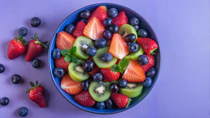 Fresh fruit bowl with strawberries, blueberries, and kiwi on purple background  
