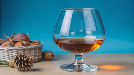 Glass of whiskey on wooden table with nuts and pine cones  