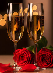 Two glasses of champagne with roses on a table for romantic evening celebration