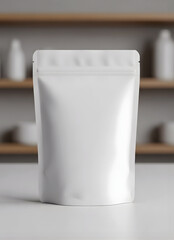 White resealable stand up pouch bag on countertop in kitchen  packaging
