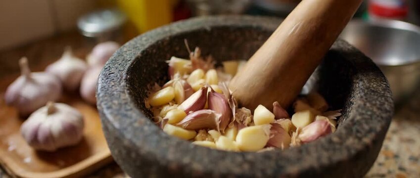 A wooden pestle grinding fresh garlic cloves in a mortar.