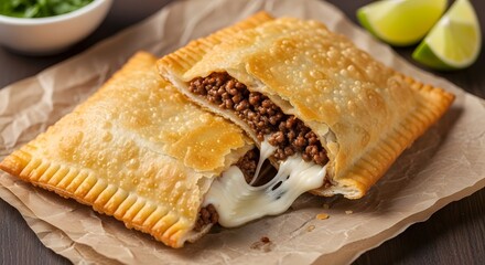 Brazilian pastel, filled with minced meat and cheese