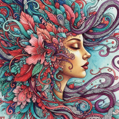 Ritratto surrealista di donna con fiori esotici e motivi mandala intricati ad acquerello