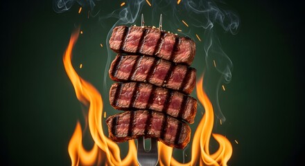 perfectly grilled steak, sliced and stacked on a skewer, surrounded by flames and smoke