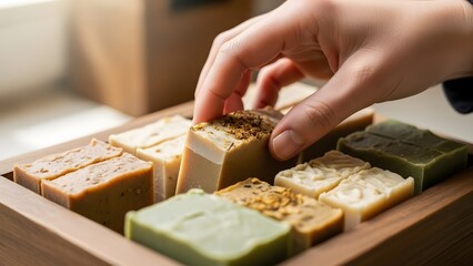 hand picking a handcrafted soap bar at soap set box