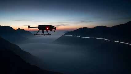 drone flying at sunrise above mountains