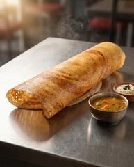 Indian Masala Dosa with Sambar and Chutney on Silver Table, Traditional South Indian Food Photography, Low Cuisine