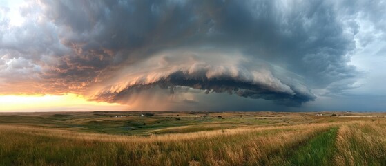 Dramatic storm clouds over rolling hills at sunset