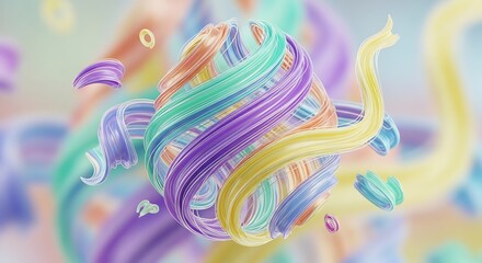 A vibrant and colorful abstract illustration of Easter eggs swirling ribbons and shapes