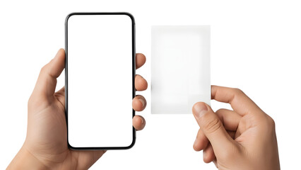Hands holding smartphone with blank screen and blank card for mockup, isolated on transparent background PNG