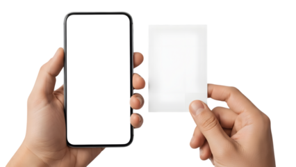 Hands holding smartphone with blank screen and blank card for mockup, isolated on transparent background PNG