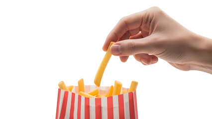 hand reaching into a red and white striped container to grab a french fry, isolated on transparent background PNG