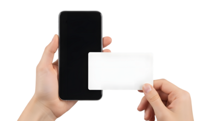 Hands holding smartphone with blank screen and blank card for mockup, isolated on transparent background PNG