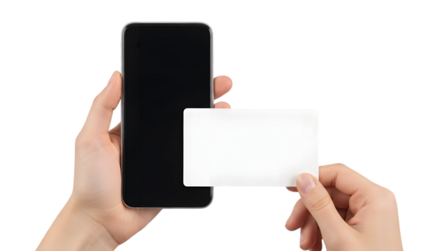 Hands holding smartphone with blank screen and blank card for mockup, isolated on transparent background PNG - Powered by Adobe