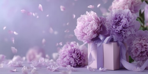 Obraz premium Lavender gift box with ribbon and blooming peonies, perfect for Mother's Day and March 8 elegant greetings.