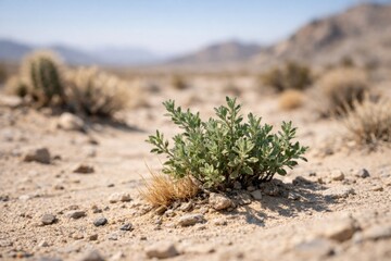 A resilient green plant thrives in the arid desert landscape, showcasing nature's ability to adapt in harsh conditions.
