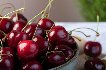 Close-up of fresh red cherries in a bowl.