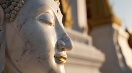 Hyperrealistic premium commercial stock photo, macro close-up of a Thai Buddha statue head in profile, marble-like surface with realistic fine texture, gold accents on lips and nos