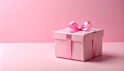 Obraz premium Pink gift box with ribbon on pastel pink background, romantic valentines day present, minimal banner with copy space