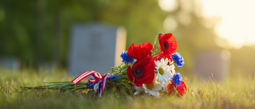 a Memorial Day cemetery tribute: bouquet of red poppies, white daisies and small blue flowers placed on green grass with a small American flag