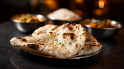Hyperrealistic premium commercial stock photo, restaurant menu hero shot: garlic herb naan bread on a plate in the foreground, Indian curries in metal bowls in the background softl