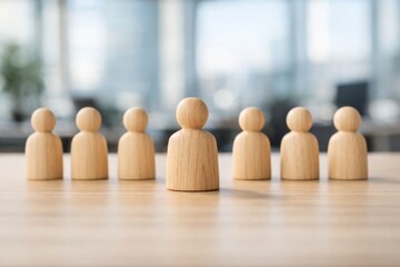 A collection of wooden figurines representing a diverse team, centered on a desk in a modern office setting.