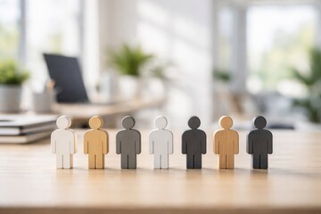 A diverse group of wooden figurines representing various roles and backgrounds, set against a bright office environment.