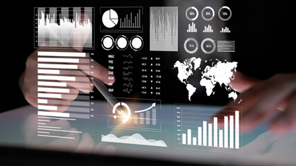 A professional engages with data visualizations featuring various charts and graphs in a digital workspace, highlighting modern business analysis techniques. Impute