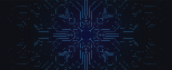 Fototapeta premium Deep blue digital technology background with symmetric square pixels and glowing circuit patterns for futuristic data network Vector Illustration
