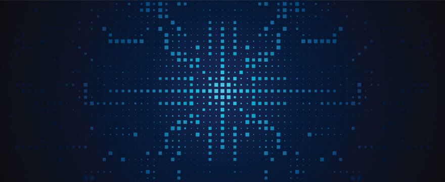 Futuristic blue digital tunnel background with square pixels and bright center light for speed and data transmission Vector Illustration