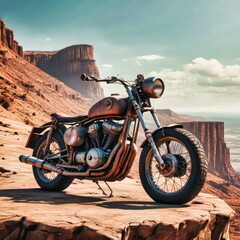 Obraz premium Vintage Motorcycle on Desert Cliff with Scenic Mesas