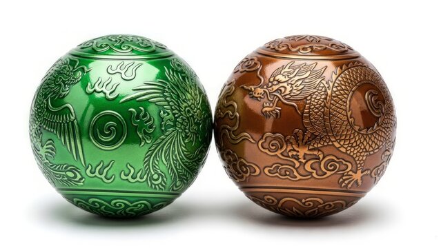 A pair of Chinese Baoding massage balls for hand therapy, stress relief, and relaxation, on a white background. AI generated.
