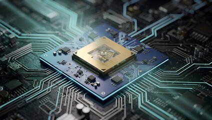 Fototapeta na wymiar Advanced microprocessor mounted on circuit board, high performance semiconductor technology for ai computing, embedded systems, electronics engineering, and modern digital hardware design