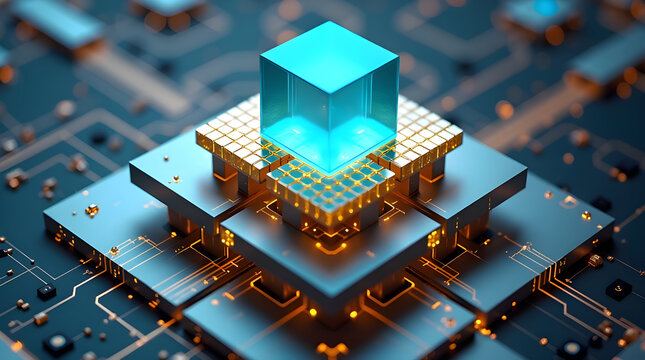 Futuristic data cube on advanced circuit platform, cutting edge semiconductor technology for ai computing, cloud processing, digital infrastructure, and next generation hardware systems - Powered by Adobe