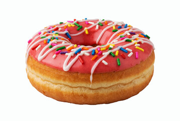Sweet Glazed Pink Donut with Colorful Sprinkles and White Icing Drizzle Isolated on White