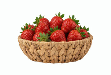 Fresh Red Strawberries in a Woven Wicker Basket Isolated on White Background for Healthy Eating Concepts