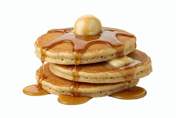 Delicious Stack of Homemade Pancakes with Melting Butter and Maple Syrup Isolated on White Background