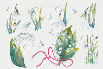 Obraz premium Various types of flowers and plants drawn in watercolors on a light background showcasing nature's details and colors
