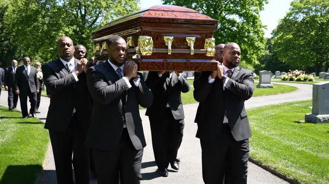 Funeral procession with men carrying coffin in a cemetery. Burial service with pallbearers walking on sunny day.