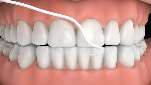 A 3D medical animation demonstrating the proper technique for flossing teeth, showing the removal of plaque from between the incisors for optimal oral hygiene
