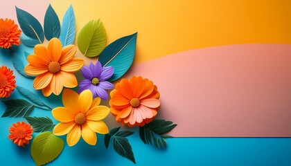 Obraz premium Bright Flowers With Leaves On A Colorful Background In A Simple Design