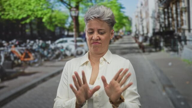 Woman holds up both hands in a repel gesture on a sunny urban street beside parked bicycles on the sidewalk; disgust.