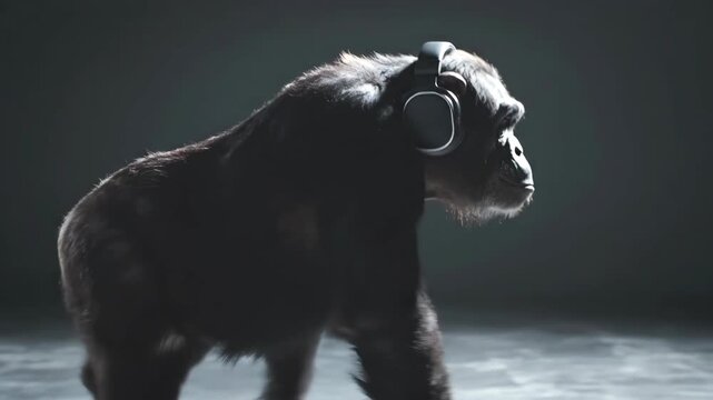 Medium shot of a chimpanzee walking in profile while wearing modern headphones under dramatic studio light