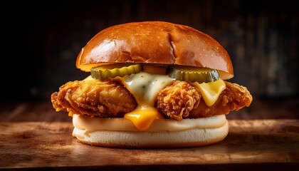 Golden Fried Chicken Sandwich Topped With Pickles Melted Cheese And Soft Bun Captured In Dramatic Lighting For Bold Food Appeal