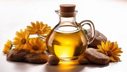 Oil In Glass Jug Cork Stopper Rocks Flowers