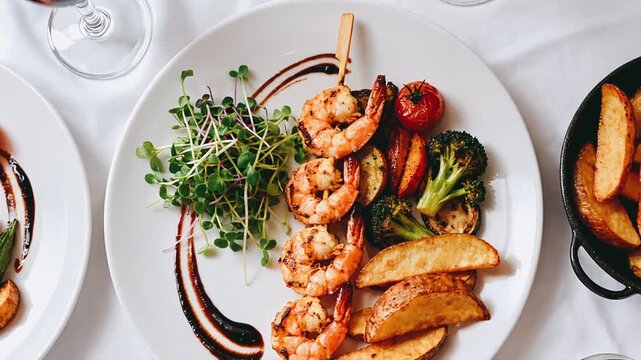 grilled shrimp skewers with roasted vegetables, fresh greens, and seasoned potato wedges