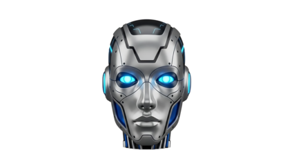 A futuristic robot head with glowing blue eyes on transparent background