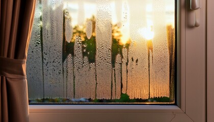 Condensation On The Window Behind The Curtains