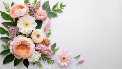 Horizontal Image Of Fresh Cut Pastel Flowers And Greenery On A White Background With Copy Space