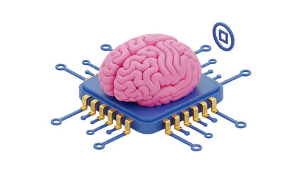 A pink brain sits on a blue computer chip with gold connectors on a black background on transparent background